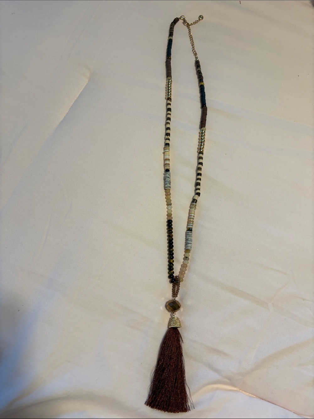 belk Brown Beaded Necklace with Tassel and Gold Accents